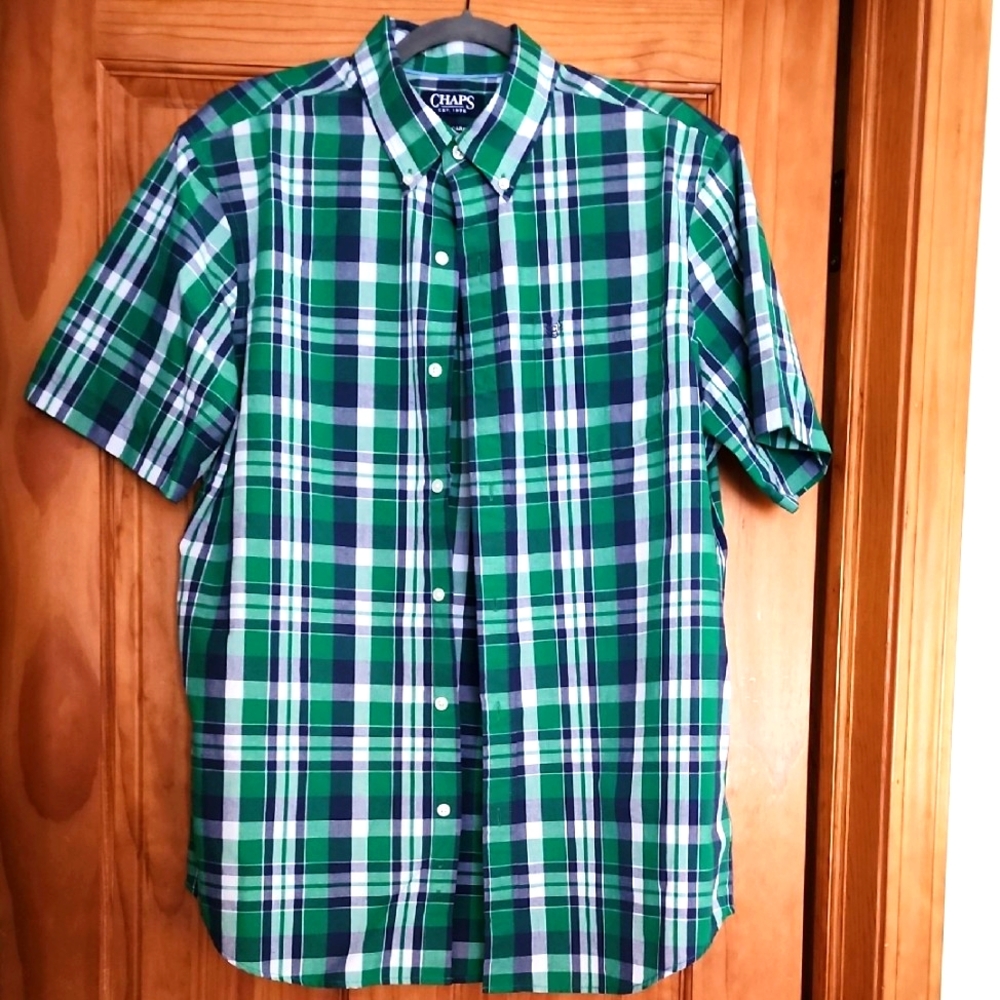 Chaps, Mens, Casual Button Down Shirt, Blue, Geeen, White Plaid. Size Large.